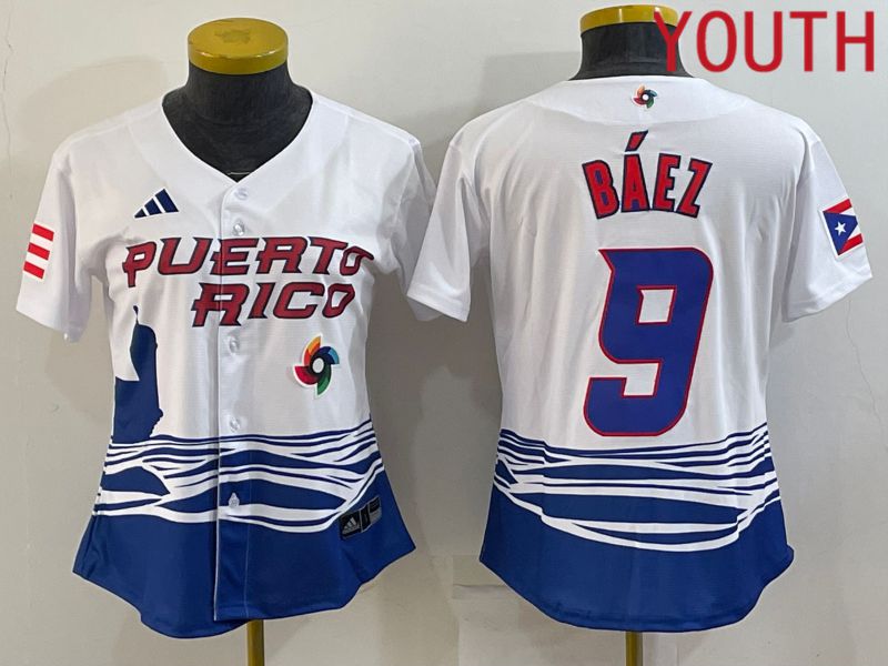 Youth 2023 World Cub Puerto Rico #9 Baez White MLB Jersey7->youth mlb jersey->Youth Jersey